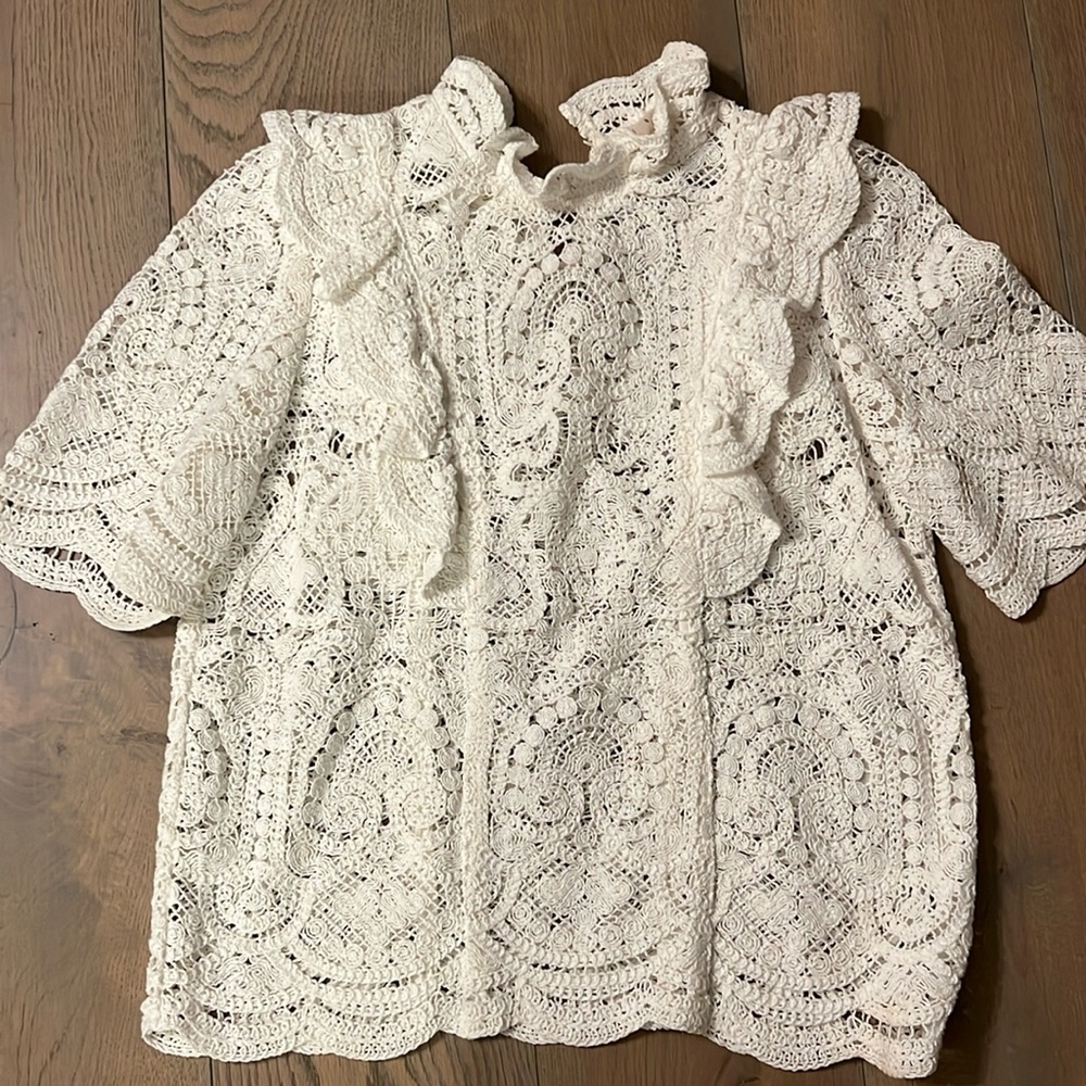 sezane short sleeve crochet top